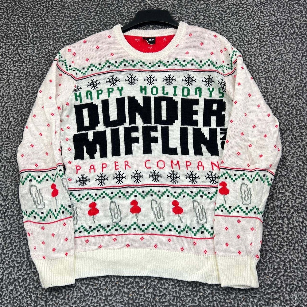 The Office Dunder Mifflin Sweater Men Medium White Happy Holidays Ugly Christmas